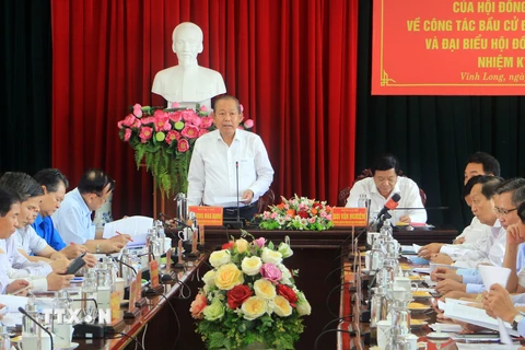 Phó Thủ tướng Thường trực Chính phủ, Phó Chủ tịch Hội đồng bầu cử Quốc gia Trương Hòa Bình phát biểu tại buổi làm việc. (Ảnh: Phạm Minh Tuấn/TTXVN)