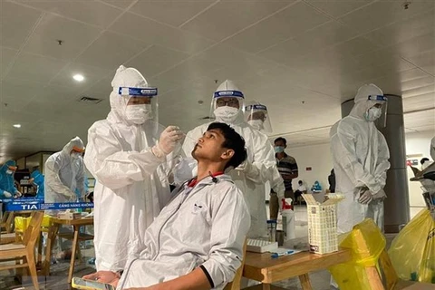 Nhân viên y tế lấy mẫu xét nghiệm cho người làm việc tại sân bay Tân Sơn Nhất. (Nguồn: TTXVN phát)