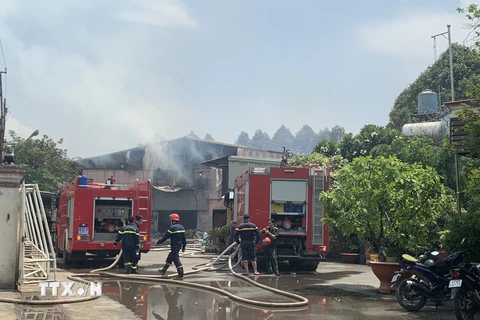 Hiện trường vụ cháy tại Công ty Cổ phần gỗ Tâm Thuận Phát tại đường Bình Chuẩn 26, khu phố Bình Phú, phường Bình Chuẩn, thành phố Thuận An (Bình Dương) ngày 4/5. (Ảnh: TTXVN phát)