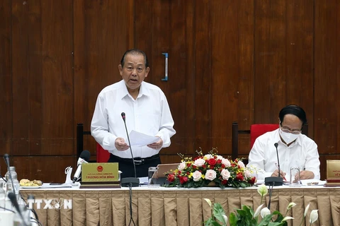 Phó Thủ tướng Thường trực Chính phủ Trương Hoà Bình phát biểu kết luận buổi làm việc. (Ảnh: Xuân Tình/TTXVN)