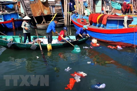Thu gom rác thải nhựa trên vùng biển xóm Nhà Rầm, phường Hải Cảng, thành phố Quy Nhơn, tỉnh Bình Định. (Ảnh: Nguyên Linh/TTXVN) 