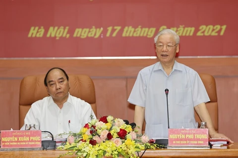 Tổng Bí thư Nguyễn Phú Trọng, Bí thư Quân ủy Trung ương phát biểu chỉ đạo Hội nghị. (Ảnh: Trí Dũng/TTXVN) 
