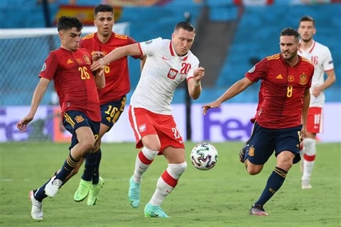 Các cầu thủ Tây Ban Nha (áo đỏ) bị đội tuyển Ba Lan cầm hòa với tỷ số 1-1 trong trận đấu ở bảng E EURO 2020, ngày 19/6/2020. (Ảnh: AFP/TTXVN) 