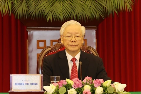 Tổng Bí thư Nguyễn Phú Trọng phát biểu tại Hội nghị thượng đỉnh giữa Đảng Cộng sản Trung Quốc với các chính đảng trên thế giới. (Ảnh: Trí Dũng/TTXVN) 