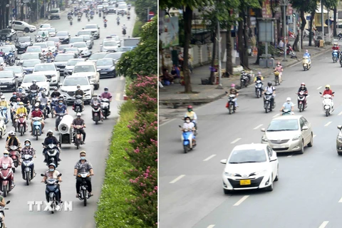 Lượng người tham gia giao thông trên phố Nguyễn Chí Thanh ngày 22/7 (phải) đã giảm rõ rệt so với ngày đầu thực hiện Công điện số 15 (trái). (Ảnh: Tuấn Đức/TTXVN) 