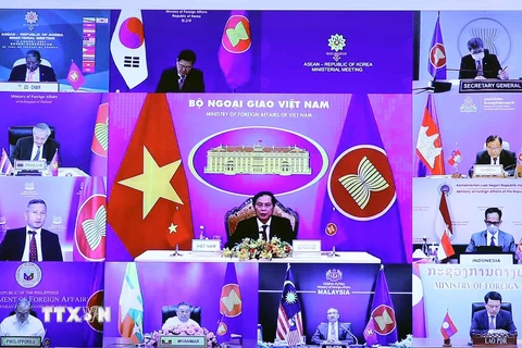 Bộ trưởng Bộ Ngoại giao Bùi Thanh Sơn phát biểu tại điểm cầu trực tuyến Hà Nội. (Ảnh: Phạm Kiên/TTXVN) 