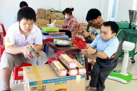 Các nạn nhân chất độc da cam/dioxin học nghề tại cơ sở nuôi dưỡng quận Thanh Khê, Đà Nẵng (2015). (Ảnh: Dương Ngọc/TTXVN) 