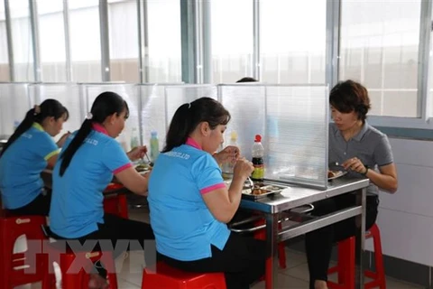Một doanh nghiệp lập những vách ngăn tại các bếp ăn tập thể để công nhân giữ khoảng cách trong giờ ăn. (Ảnh: TTXVN) 