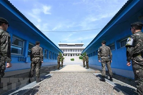 Binh sỹ Hàn Quốc (phía trước) và binh sỹ Triều Tiên (phía sau) gác tại đường giới tuyến phi quân sự giữa hai miền Triều Tiên ở Panmunjom. (Ảnh: AFP/TTXVN) 