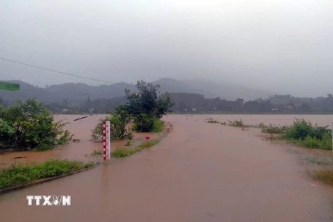 Nước lũ dâng cao tại khu vực cầu tràn Đăk Wet (xã Đăk Pxi, huyện Đăk Hà, tỉnh Kon Tum). (Ảnh: TTXVN phát)