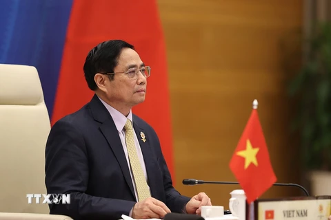 Thủ tướng Chính phủ Phạm Minh Chính tham dự và phát biểu tại Hội nghị cấp cao ASEAN-Trung Quốc lần thứ 24. (Ảnh: Dương Giang/TTXVN) 