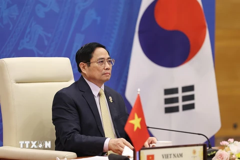 Thủ tướng Phạm Minh Chính phát biểu tại hội nghị cấp cao ASEAN-Hàn Quốc lần thứ 22. (Ảnh: Dương Giang/TTXVN) 