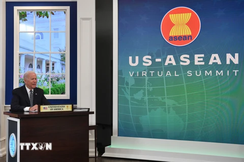 Tổng thống Mỹ Joe Biden dự Hội nghị cấp cao ASEAN-Mỹ lần thứ 9 theo hình thức trực tuyến, ngày 26/10. (Ảnh: AFP/TTXVN)