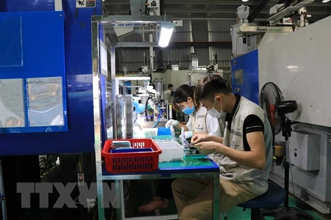 Công nhân làm việc tại Công ty Cổ phần Hanpo Vina, khu công nghiệp Yên Phong, tỉnh Bắc Ninh. (Ảnh: Thanh Thương/TTXVN) 