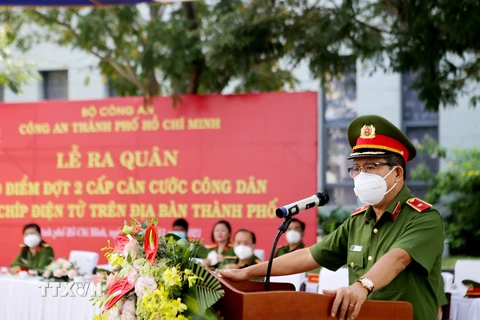 Thiếu tướng Trần Đức Tài, Phó Giám đốc Công an Thành phố Hồ Chí Minh phát biểu tại lễ ra quân. (Ảnh: Thành Chung/TTXVN)