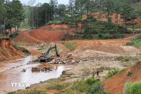 Trên 3.200m2 đất lâm nghiệp lâm phần quản lý của Ban quản lý rừng phòng hộ đầu nguồn Đa Nhim bị sạt lở. (Ảnh: Đặng Tuấn/TTXVN)