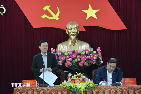 Ông Võ Văn Thưởng, Ủy viên Bộ Chính trị, Thường trực Ban Bí thư phát biểu tại buổi làm việc với tỉnh Nam Định. (Ảnh: Công Luật/TTXVN)