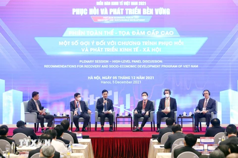 Các đại biểu tham dự phiên tọa đàm cấp cao với chủ đề một số gợi ý đối với Chương trình phục hồi và phát triển kinh tế-xã hội Việt Nam. (Ảnh: Phạm Kiên/TTXVN)
