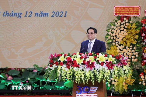 Thủ tướng Phạm Minh Chính phát biểu tại lễ kỷ niệm 30 năm Ngày thành lập tỉnh Bà Rịa-Vũng Tàu. (Ảnh: Dương Giang/TTXVN)