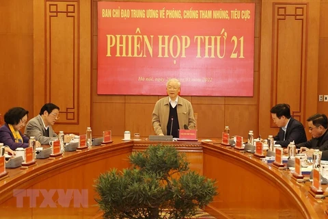 Tổng Bí thư Nguyễn Phú Trọng phát biểu kết luận Phiên họp thứ 21. (Ảnh: Trí Dũng/TTXVN) 