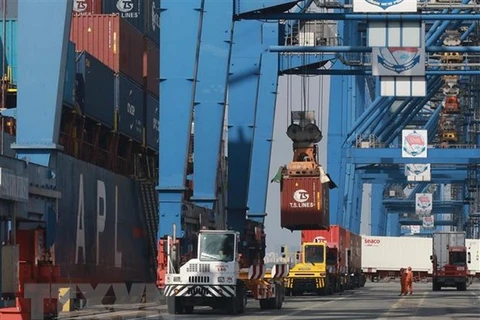 Xuất khẩu hàng hóa tại tân cảng Cát Lái. (Ảnh: Quang Châu/TTXVN)