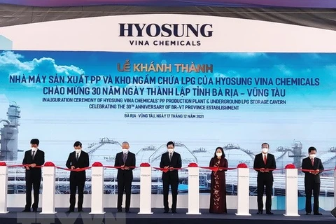 Dự án nhà máy sản xuất Polypropylene (PP) và kho ngầm chứa khí dầu mỏ hóa lỏng (LPG) tại Khu công nghiệp Cái Mép được Tập đoàn Hyosung (Hàn Quốc) đầu tư với tổng vốn đầu tư 1,3 tỷ USD. (Ảnh: Đoàn Mạnh Dương/TTXVN) 