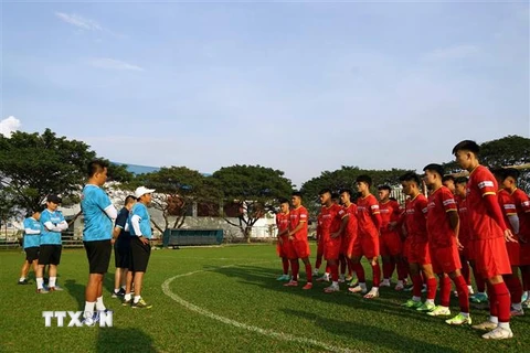 Huấn luyện viên Đinh Thế Nam trao đổi với các cầu thủ trẻ trong buổi tập đầu tiên. (Ảnh: Trần Long/TTXVN) 