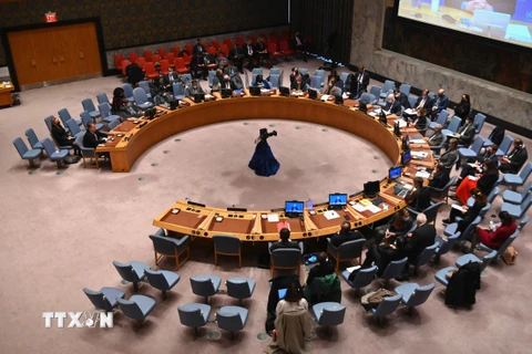 Cuộc họp của Hội đồng Bảo an Liên hợp quốc về tình hình Ukraine tại New York, Mỹ, ngày 28/2/2022. (Ảnh: AFP/TTXVN)