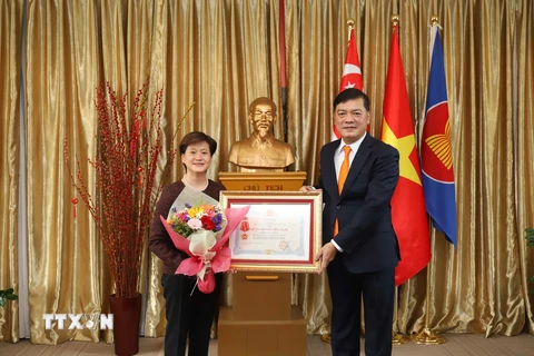 Đại sứ Mai Phước Dũng thay mặt Chủ tịch nước trao Huân chương hữu nghị cho bà Catherin Wong. (Ảnh: Lê Ngọc Dương/TTXVN)