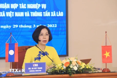 Tổng Giám đốc TTXVN Vũ Việt Trang phát biểu tại buổi hội đàm. (Ảnh: Tuấn Anh/TTXVN) 