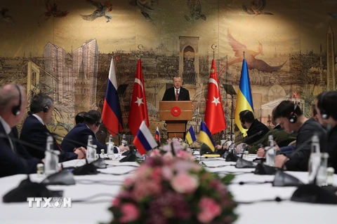 Tổng thống Thổ Nhĩ Kỳ Recep Tayyip Erdogan (giữa) trong cuộc gặp phái đoàn Nga (trái) và Ukraine (phải) tại thành phố Istanbul, ngày 29/3. (Ảnh: AFP/TTXVN)