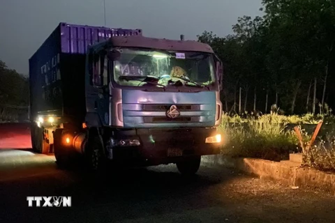 Chiếc xe container bị phát hiện vào lô cao su đổ trộm hàng chục tấn rác thải. (Ảnh: TTXVN phát)