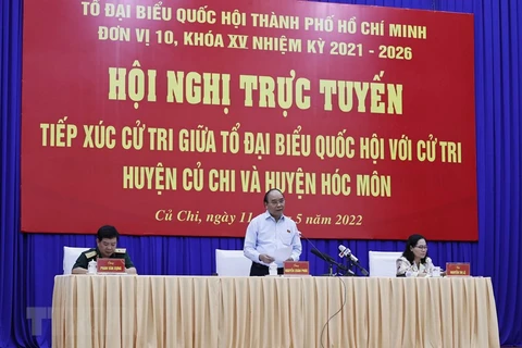 Chủ tịch nước Nguyễn Xuân Phúc phát biểu tại buổi tiếp xúc cử tri tại huyện Củ Chi (Thành phố Hồ Chí Minh), sáng 11/5. (Ảnh: Thống Nhất/TTXVN) 