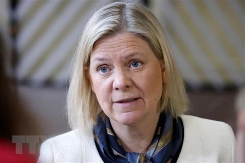 Thủ tướng Thụy Điển Magdalena Andersson phát biểu với báo giới tại Brussels, Bỉ ngày 25/3/2022. (Ảnh: AFP/TTXVN)