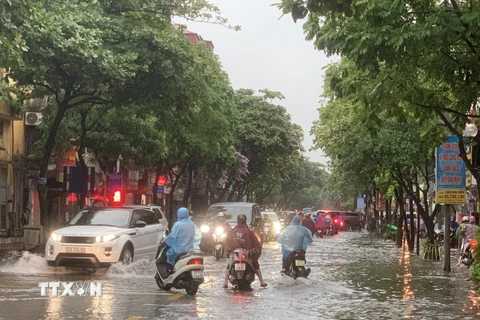 Mưa lớn gây ngập úng trên phố Ngọc Lâm, quận Long Biên. (Ảnh: Minh Quyết/TTXVN) 