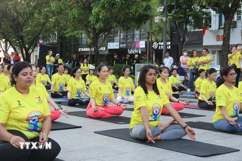 Tiết mục biểu diễn Yoga được đông đảo người dân Thành phố Hồ Chí Minh hưởng ứng. (Ảnh: Thu Hương/TTXVN)