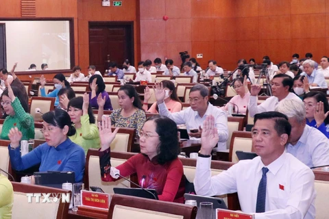 Các đại biểu HĐND Thành phố Hồ Chí Minh khóa X quyết nghị thông qua Nghị quyết Kỳ họp. (Ảnh: Xuân Khu/TTXVN)