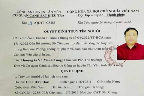 Công an huyện Tân Yên truy tìm đối tượng Đinh Hữu Hải. (Nguồn: baobacgiang.com.vn)