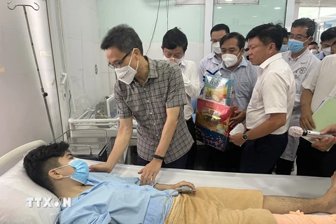 Phó Thủ tướng Vũ Đức Đam thăm hỏi, tặng quà các nạn nhân đang điều trị tại Bệnh viện đa khoa An Phú. (Ảnh: Huyền Trang/TTXVN) 