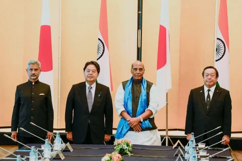 Bộ trưởng Ngoại giao Ấn Độ Subrahmanyam Jaishankar, Bộ trưởng Ngoại giao Nhật Bản Yoshimasa Hayashi, Bộ trưởng Quốc phòng Ấn Độ Rajnath Singh và Bộ trưởng Quốc phòng Nhật Bản Yasukazu Hamada. (Nguồn: AP) 