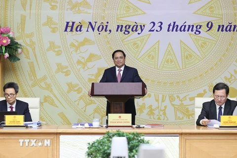 Thủ tướng Phạm Minh Chính chủ trì hội nghị phát triển thị trường khoa học và công nghệ. (Ảnh: Dương Giang/TTXVN)