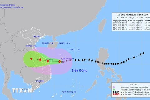 Bão số 4 cách khu vực đất liền Đà Nẵng-Quảng Ngãi khoảng 270km về phía Đông. (Ảnh: TTXVN phát)