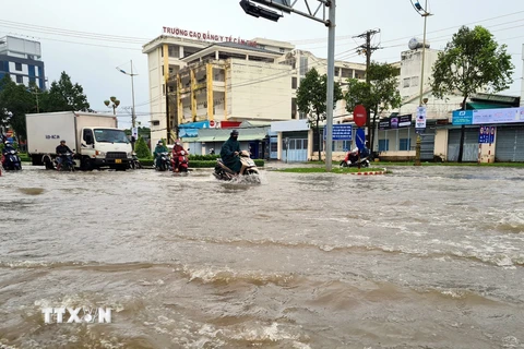 Đường Võ Văn Kiệt, thành phố Cần Thơ biến thành sông khi triều cường lên cao sáng 9/10. (Ảnh: TTXVN phát)