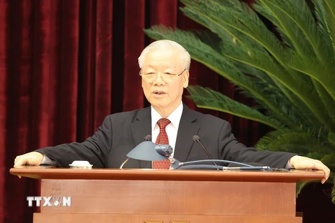 Tổng Bí thư Nguyễn Phú Trọng phát biểu bế mạc hội nghị. (Ảnh: Trí Dũng/TTXVN) 