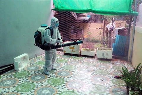 Phun hóa chất diệt muỗi trong nhà dân ở khu vực có ổ dịch sốt xuất huyết. (Ảnh: Nguyễn Chinh/TTXVN) 