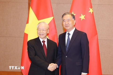Tổng Bí thư Nguyễn Phú Trọng hội kiến Chủ tịch Chính hiệp Trung Quốc Uông Dương. (Ảnh: Trí Dũng/TTXVN) 