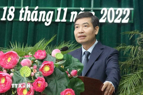 Ông Tạ Anh Tuấn phát biểu nhận nhiệm vụ Chủ tịch Ủy ban Nhân dân tỉnh Phú Yên. (Ảnh: Xuân Triệu/TTXVN) 