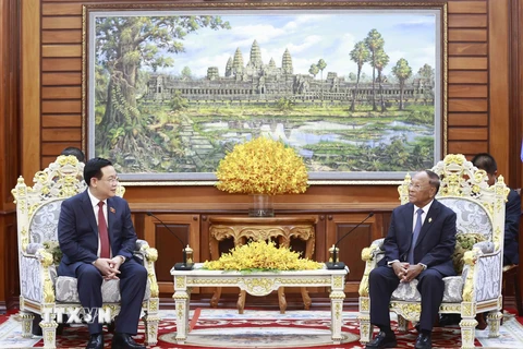 Chủ tịch Quốc hội Campuchia Samdech Heng Samrin tiếp thân mật Chủ tịch Quốc hội Vương Đình Huệ trước khi tiến hành hội đàm. (Ảnh: Doãn Tấn/TTXVN) 