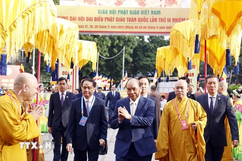 Chủ tịch nước Nguyễn Xuân Phúc đến dự đại hội. (Ảnh: Thống Nhất/TTXVN) 
