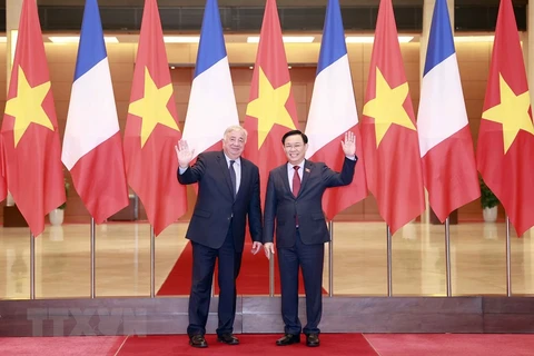 Chủ tịch Quốc hội Vương Đình Huệ và Chủ tịch Thượng viện Cộng hòa Pháp Gérard Larcher chụp ảnh chung. (Ảnh: Doãn Tấn/TTXVN) 